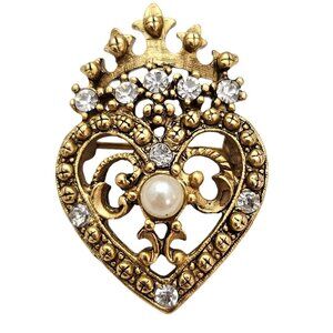 Gold Tone Heart Crown Clear Enamel Brooch Faux Pearl Pin C834